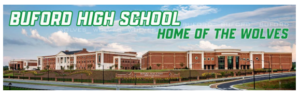 Buford High School Building with words Buford High School and Home of the Wolves